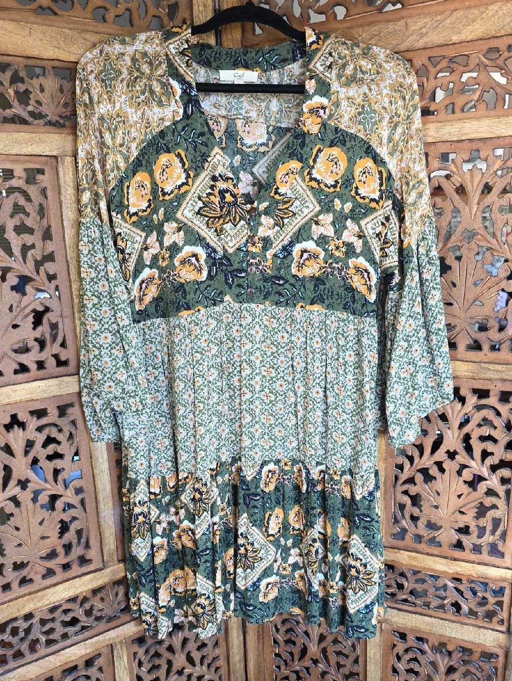 easel Olive Green and Mustard Print Tiered Dress